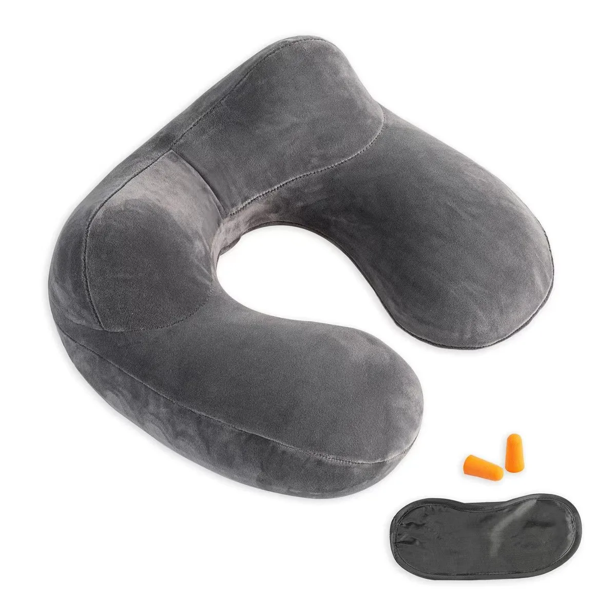 Grey inflatable neck pillow with soft velvet cover and compact carrying bag