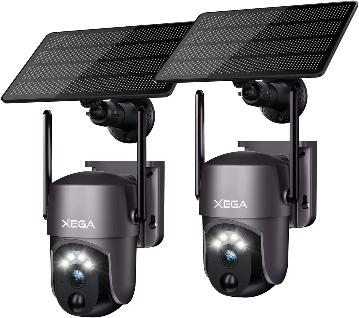 Two white outdoor PTZ cameras with solar panels attached, wall-mounted, matte finish