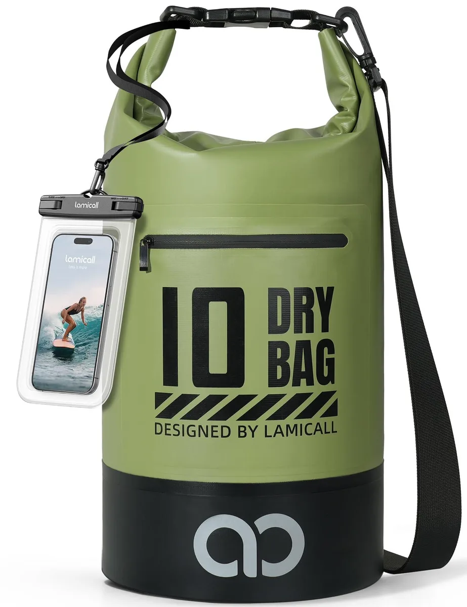 Green cylindrical dry bag with roll-top closure and adjustable shoulder straps