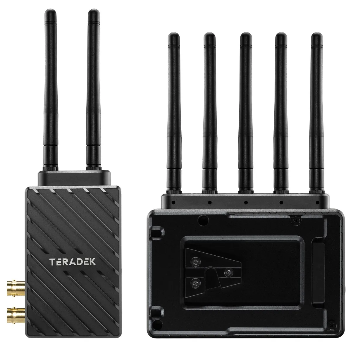 Two compact wireless video units, matte black finish, V-mount batteries attached, SDI and HDMI ports visible