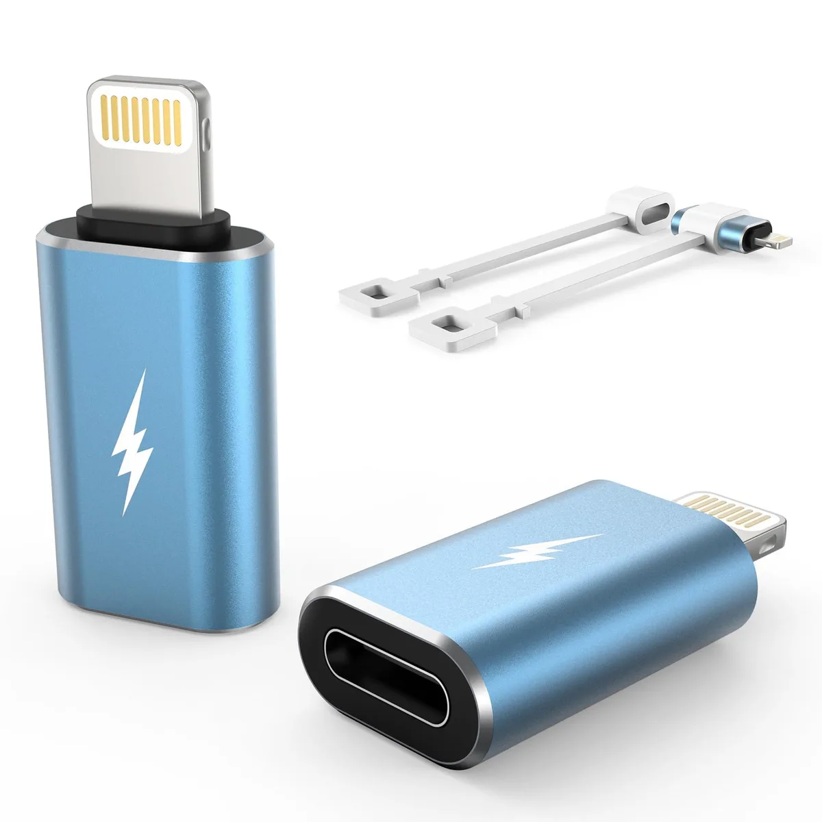 Two small blue USB-C to Lightning adapters with rubber holders
