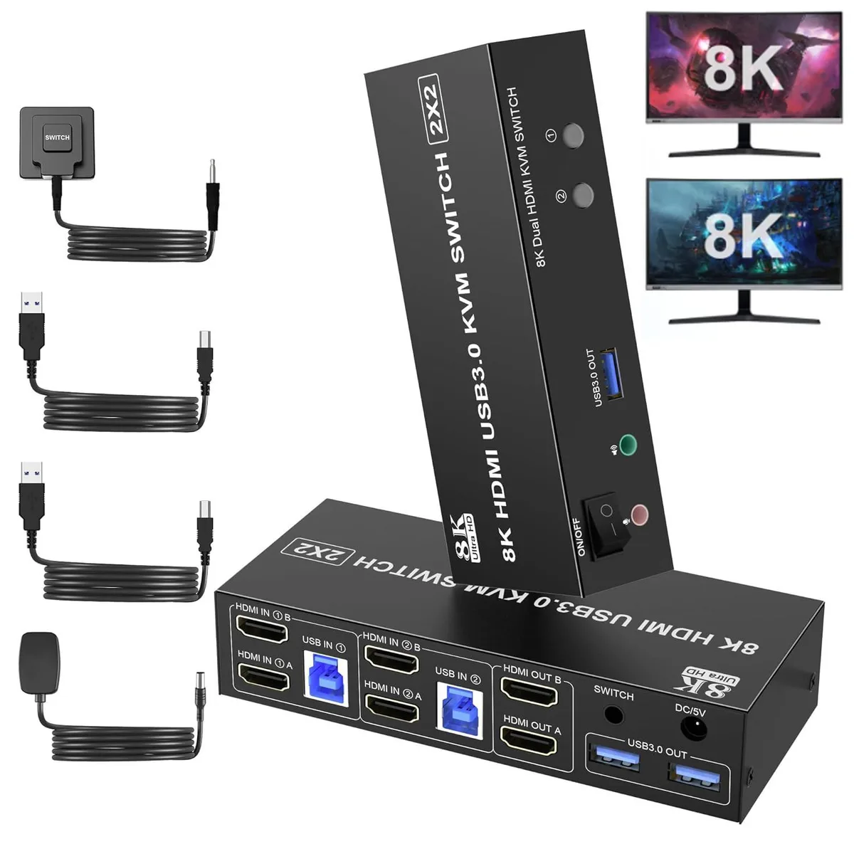 WRIARICH WRIARICH 8K@60Hz Dual Monitor HDMI KVM Switch 2-Port USB 3.0 — product photo