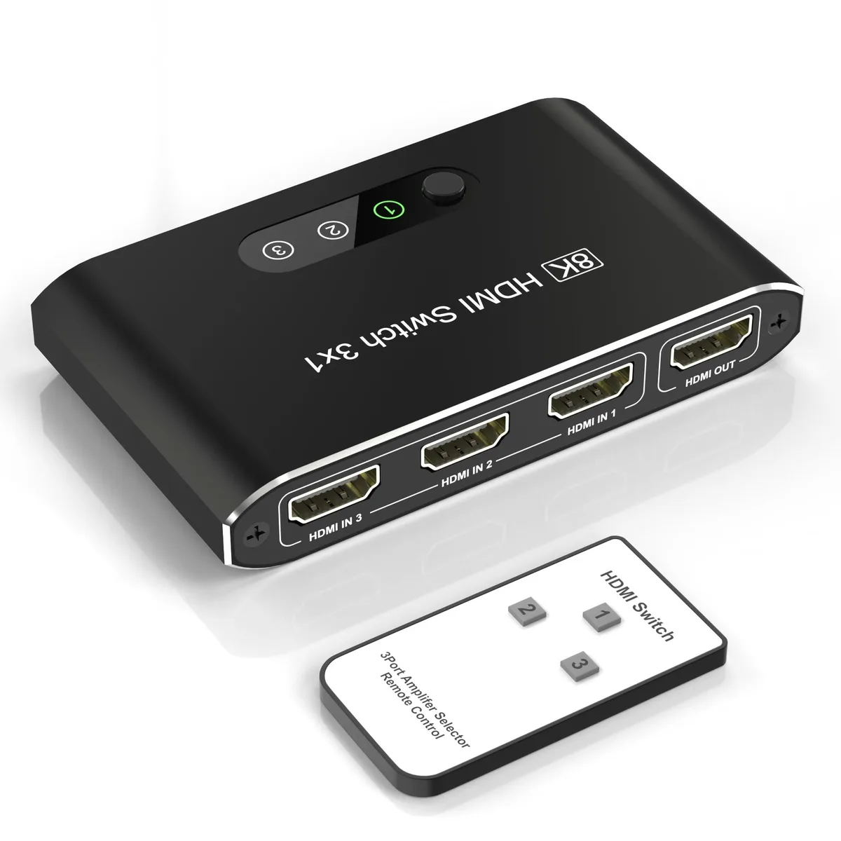 Black aluminium HDMI switch box three inputs one output with remote control