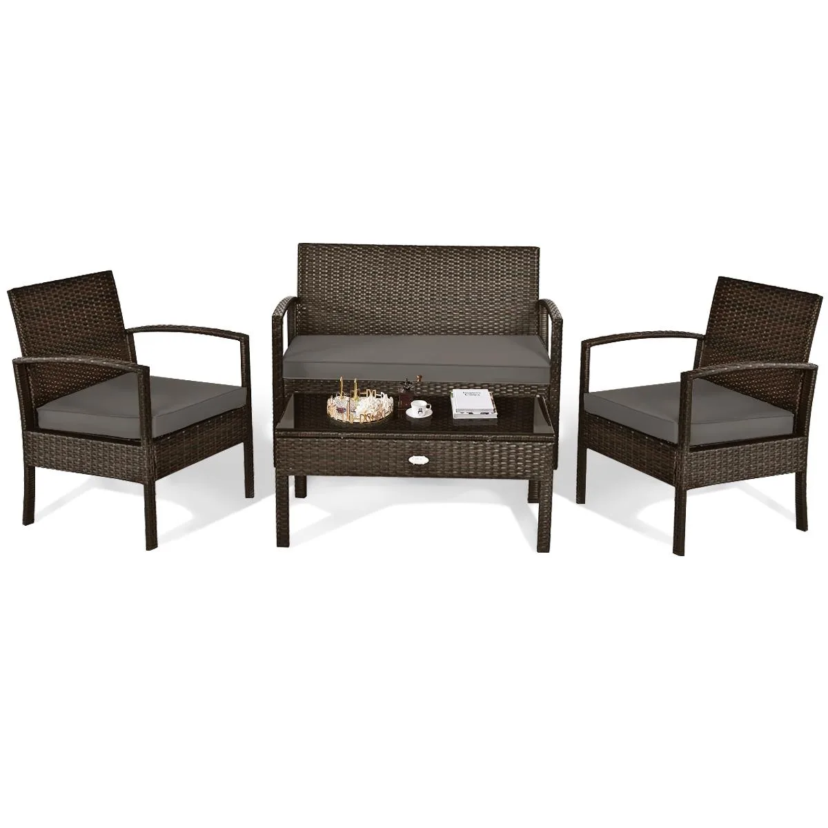 SlickBlue SlickBlue 4-Piece Rattan Patio Set Brown Loveseat Table 42" 34" 24 — product photo