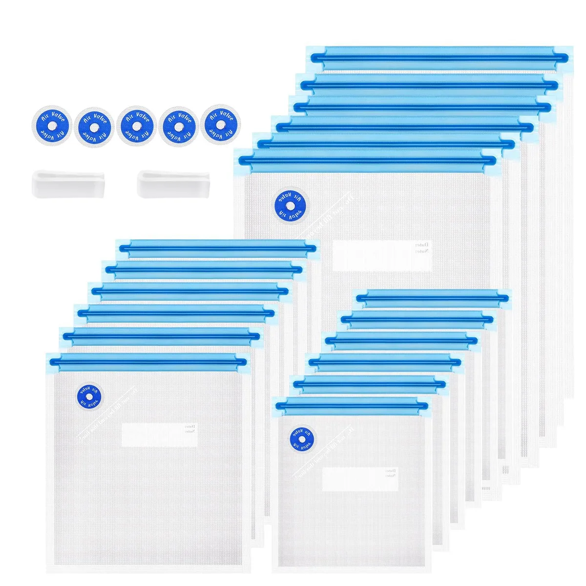  FIRAWER Vacuum Sealer Bags 25Pcs Blue PEVA Zipper 18Pcs Valves Clips — product photo