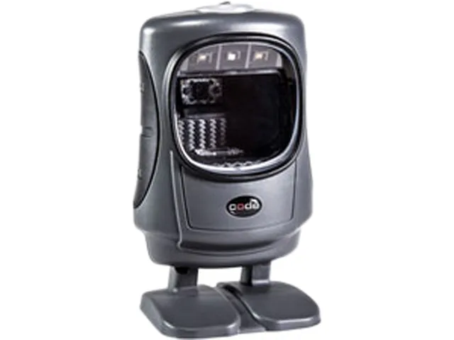 Dark grey presentation barcode scanner with USB cable, compact rectangular shape