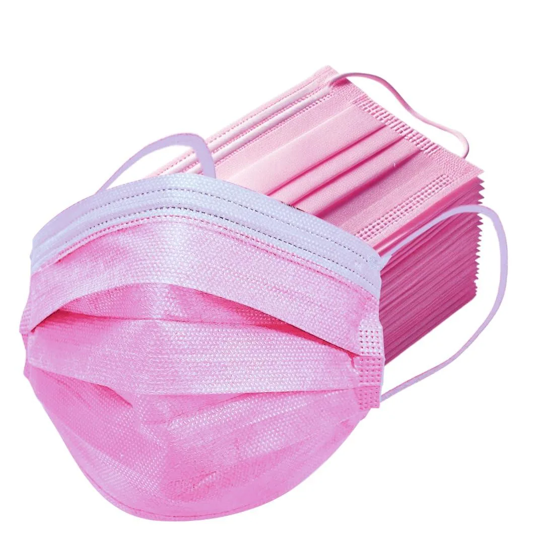 Pack of 50 pink disposable face masks, flat rectangular shape with elastic ear loops and bendable nose wire