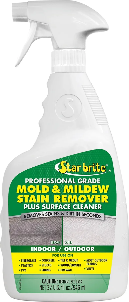 Clear liquid cleaner in a white spray bottle with blue label
