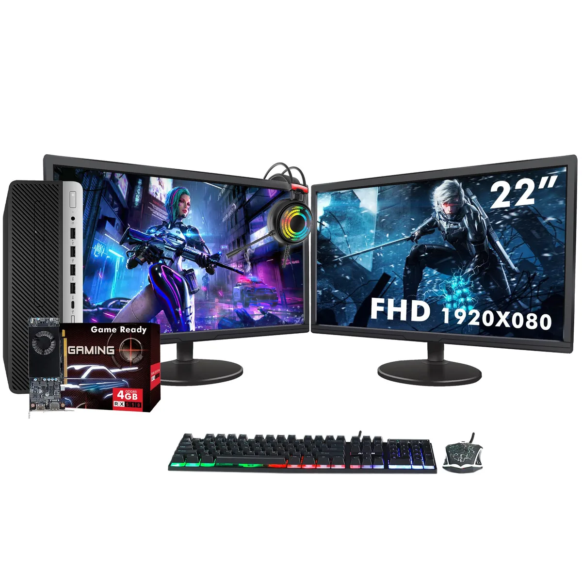 HP HP ProDesk 600 G3 SFF desktop PC, Core i5-6500, 32GB DDR4, 1TB SSD, Radeon RX 550, dual 22" monitor — product photo
