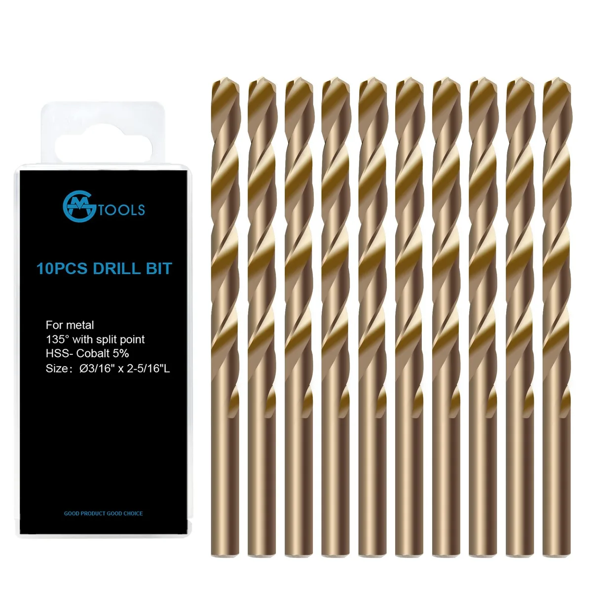 Ten cobalt drill bits in a plastic storage case