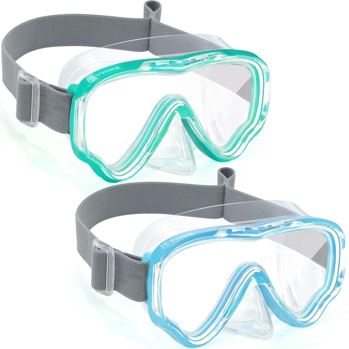 Two blue kids' swim masks with fabric straps and nose covers