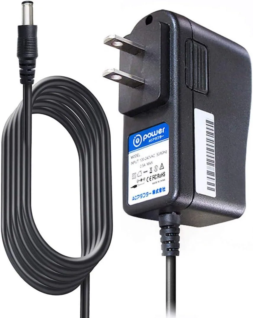 Black rectangular 9V AC adapter with barrel plug and wall prongs