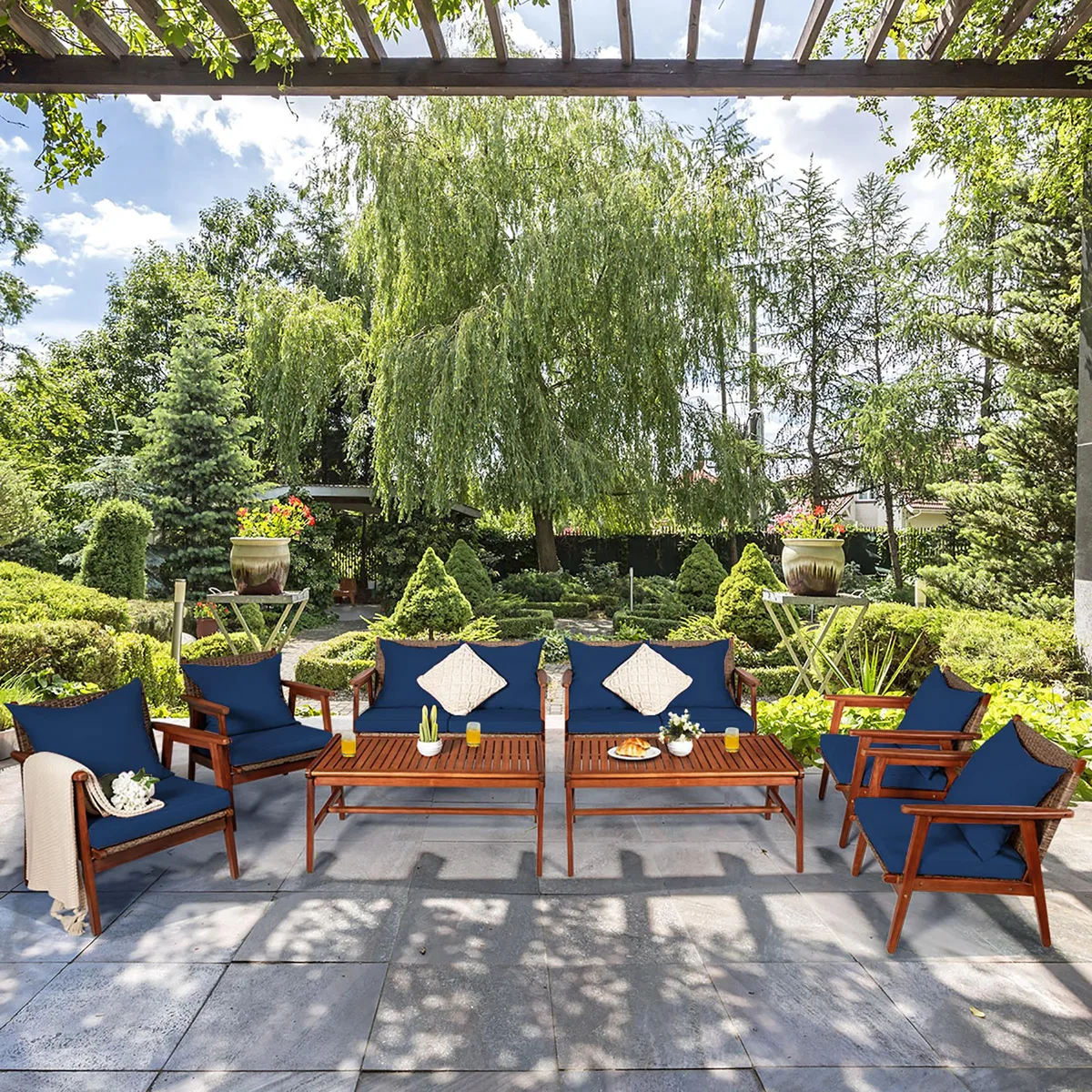 Costway Costway 8PCS Patio Rattan Furniture Set Acacia Wood Navy — product photo