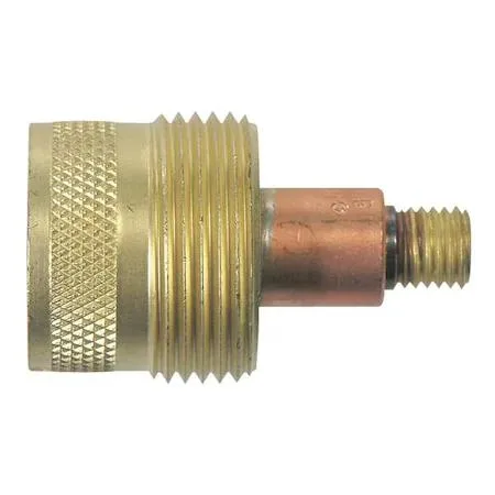 Two brass welding gas lenses with copper tips side by side