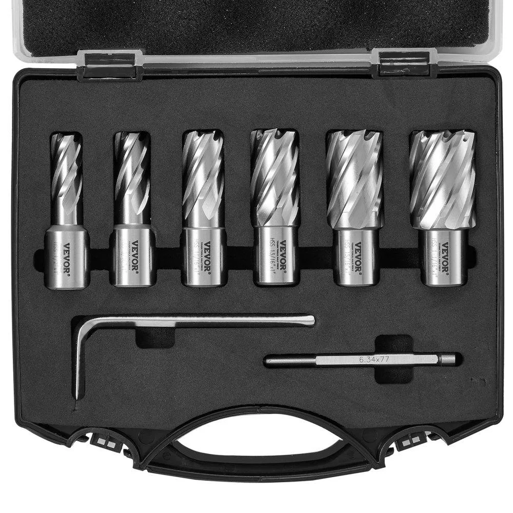 VEVOR VEVOR Annular Cutter Set 6 pcs Weldon Shank 1/2" to 1-1/16" 1" Depth M2AL HSS with Pilot Pin Case — product photo