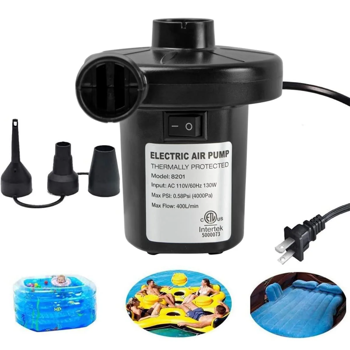 Black plastic electric air pump, compact rectangular unit with nozzle set, 12 pack
