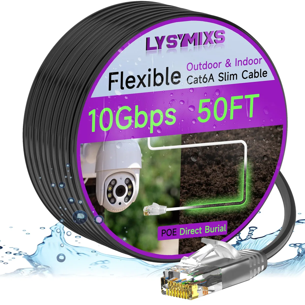 Black slim Cat6a Ethernet cable with RJ45 connectors, 50ft length, LLDPE UV jacket
