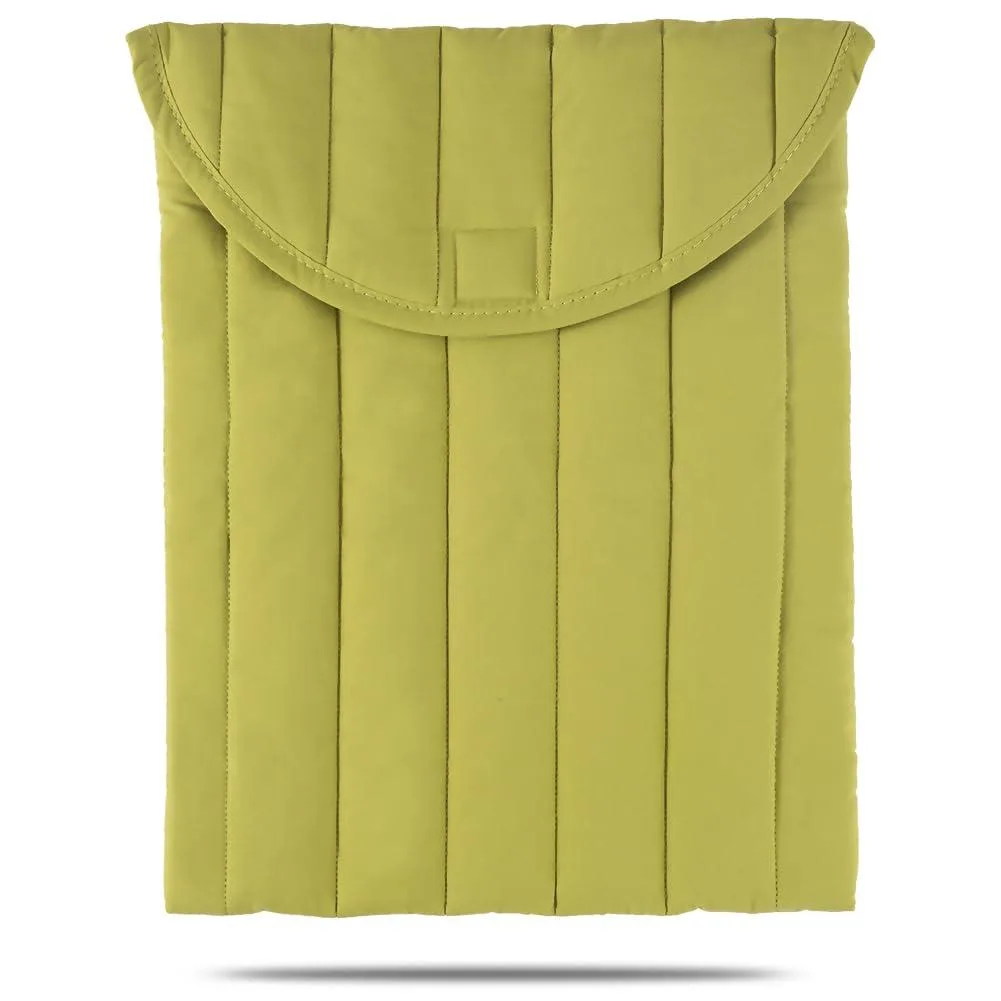 Puffy green cotton laptop sleeve with vertical buckle closure and extra pockets
