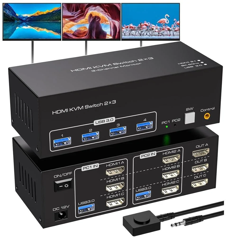 AUBEAMTO AUBEAMTO SW231-3HD 8K@60Hz 3-Monitor 2-PC KVM Switch — product photo