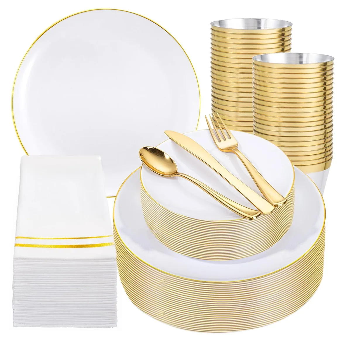 ChefVentions Festiva 350-Piece White & Gold Disposable Dinnerware Set for 50 Guests — product photo