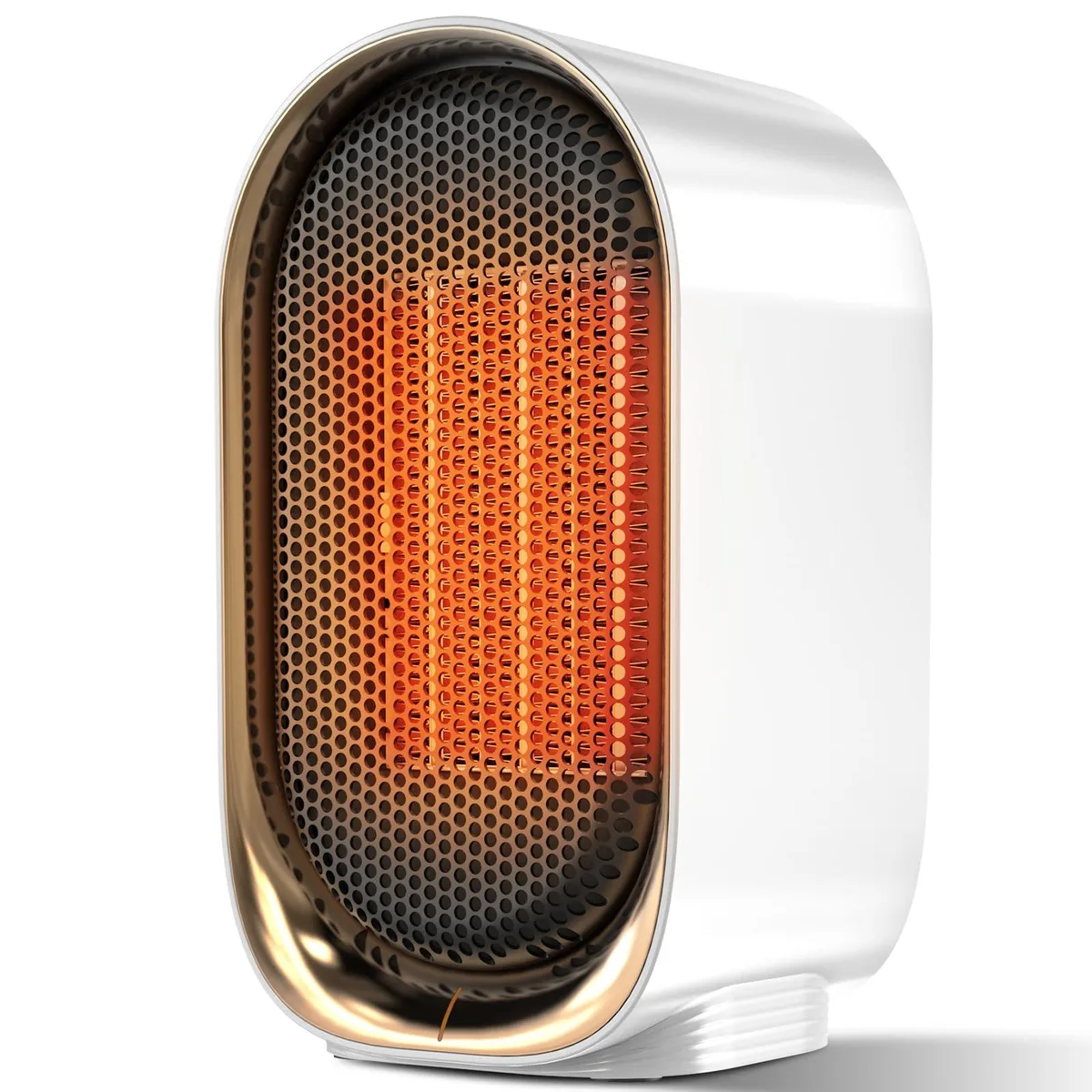 Compact white portable space heater with front grille and control panel