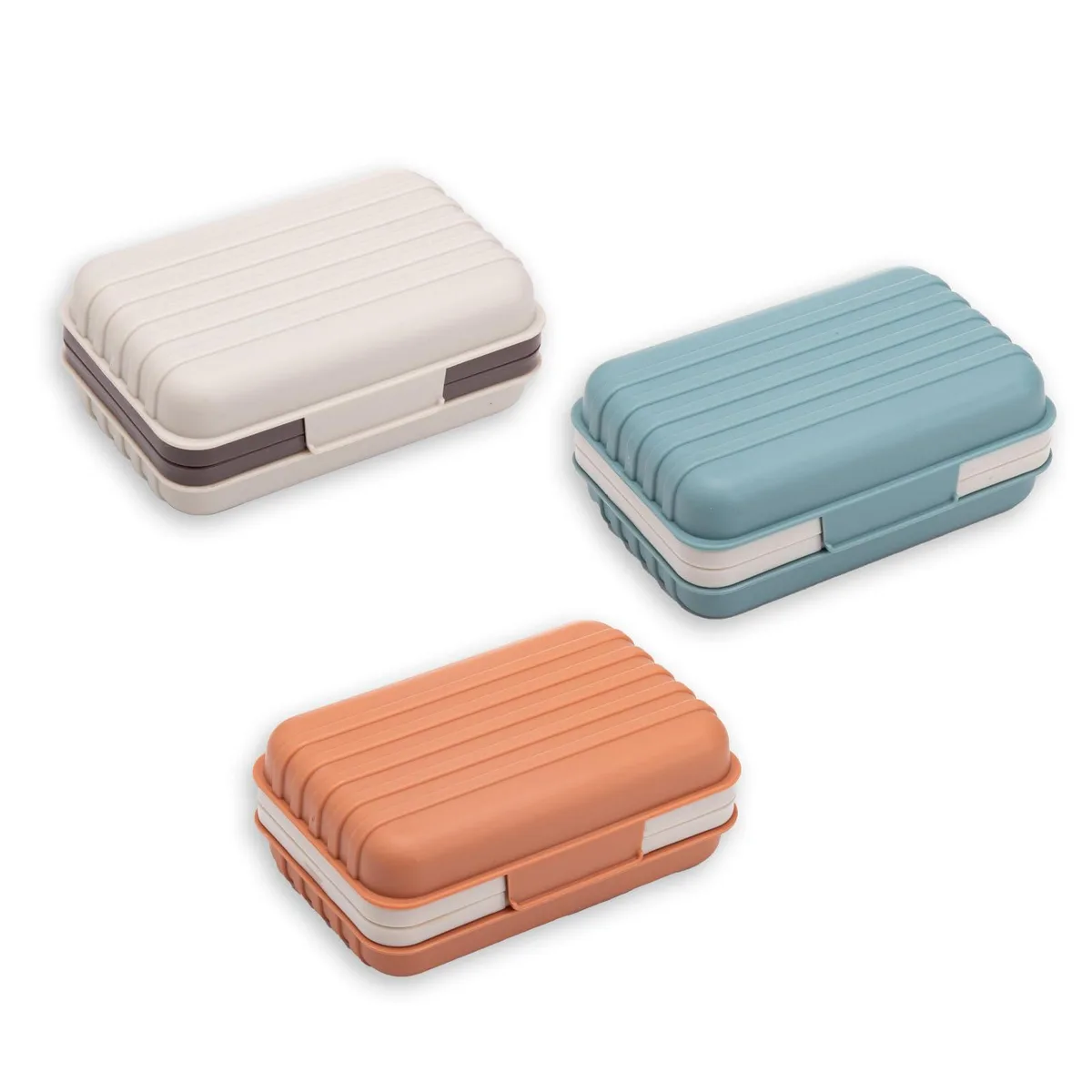 Three rectangular soap boxes in blue white brown with lids and drain trays