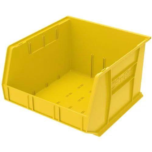 Yellow rectangular plastic storage bin with open top and molded label slots