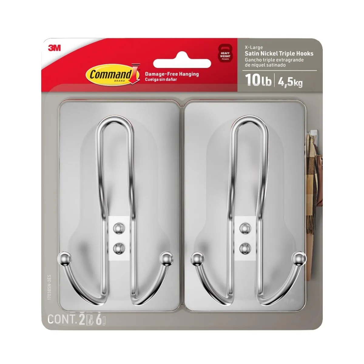 Two large satin nickel triple hooks with six adhesive strips