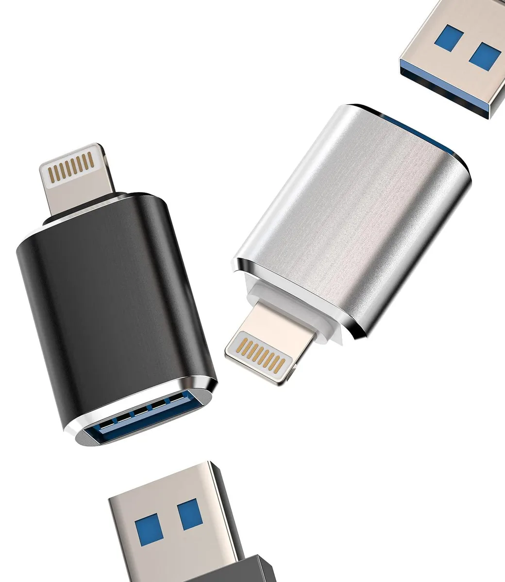 Two metallic USB-A to Lightning OTG adapters