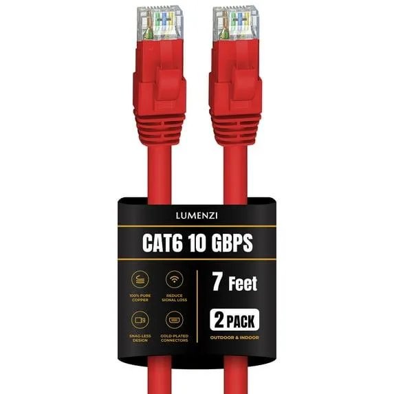 Lumenzi Lumenzi Cat 6 Ethernet Cable 7 FT Red 2 Pack 10 Gbps 550 MHz — product photo