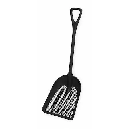 Black plastic sifting scoop with 27-inch polypropylene D-grip handle