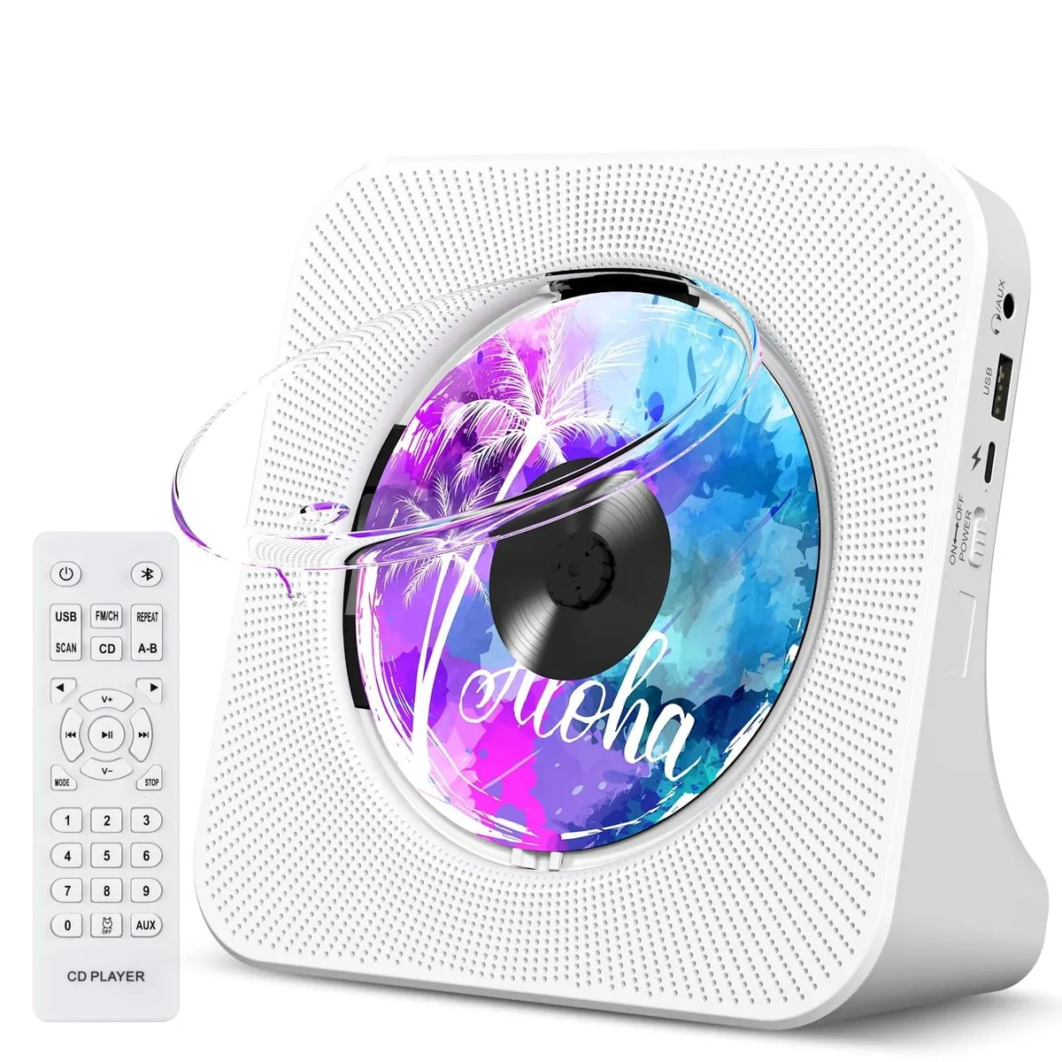 Rectangular portable CD player with front slot and dual speaker grilles