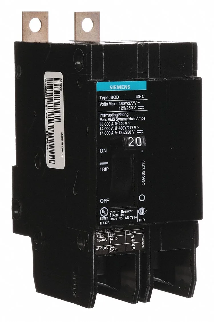 SIEMENS SIEMENS BQD220 Miniature Circuit Breaker 20A 2 Pole 480V AC — product photo