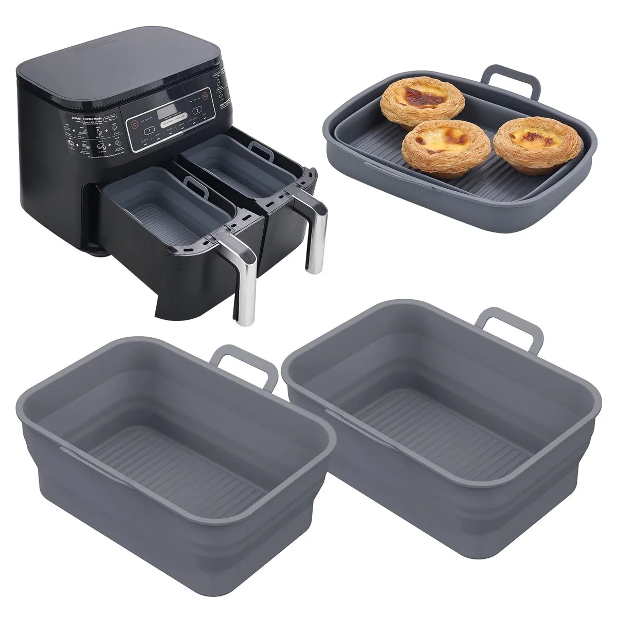 Two grey rectangular silicone air fryer liners folded flat with side handles