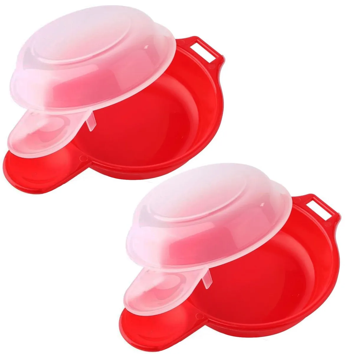 Two red plastic egg cookers with clear lids, rectangular shape, smooth finish
