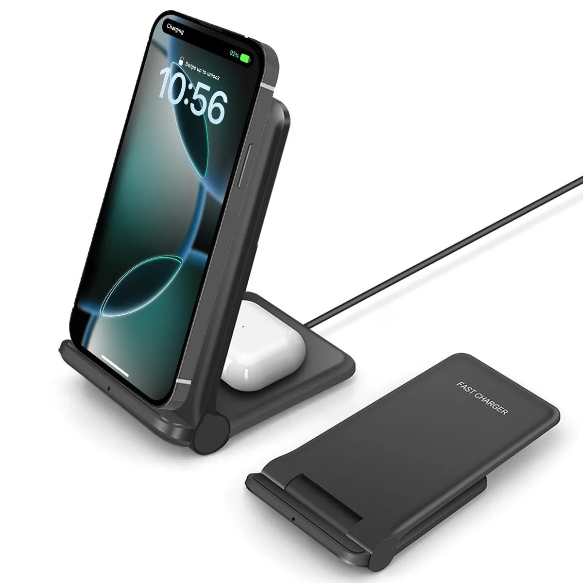 Foldable dual wireless charging pad with two surfaces, flat on a desk