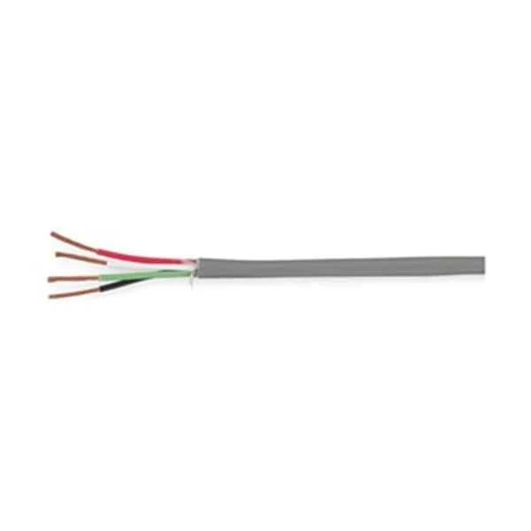 Gray PVC riser cable on wooden spool, four conductors visible