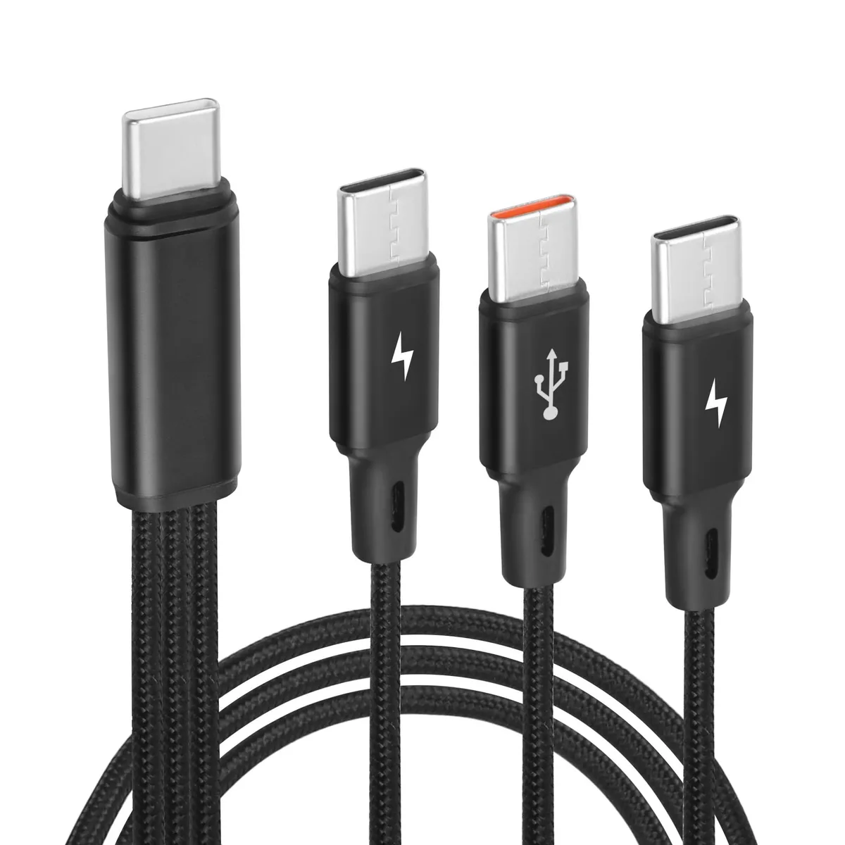 Black USB-C splitter cable with three male connectors on 1.2 m braided leads