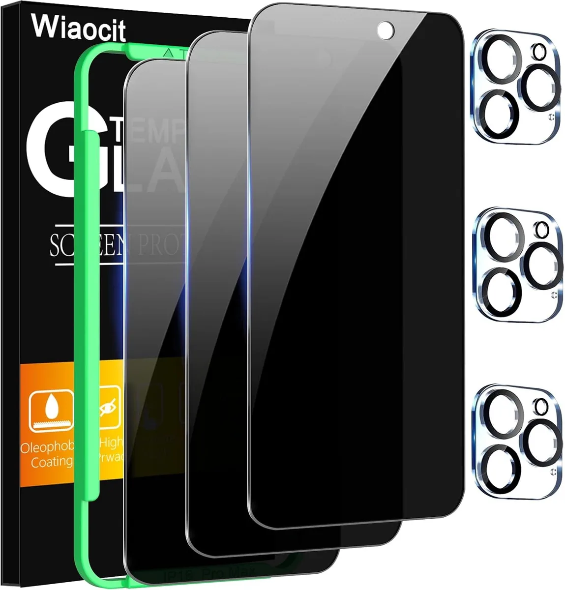 Three tempered-glass privacy screen protectors and three camera lens protectors for iPhone 16 Pro Max