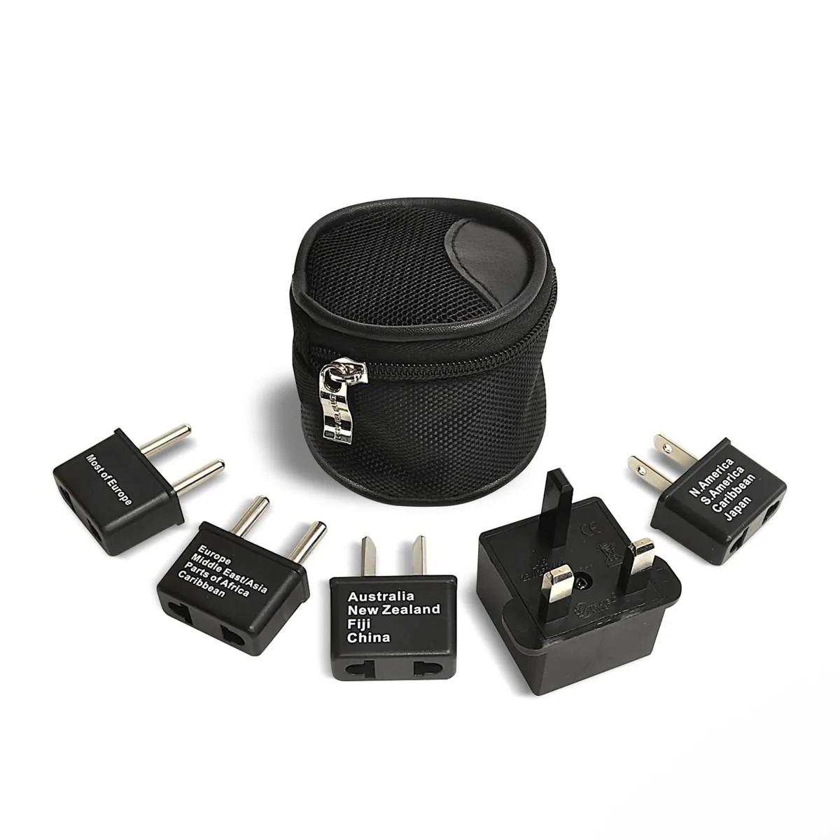 Black five-piece travel adapter set with labeled plugs in a pouch
