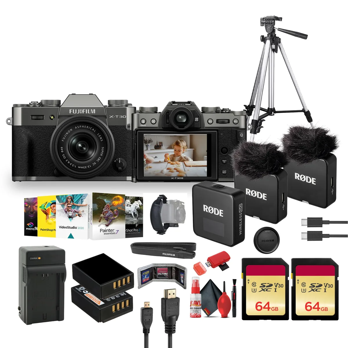 FUJIFILM FUJIFILM X-T30 III compact mirrorless camera with 13-33mm lens Charcoal Silver RODE Wireless GO Gen 3 — product photo