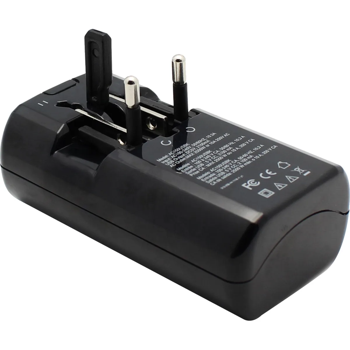 Compact black travel adapter with folding prongs and two USB ports