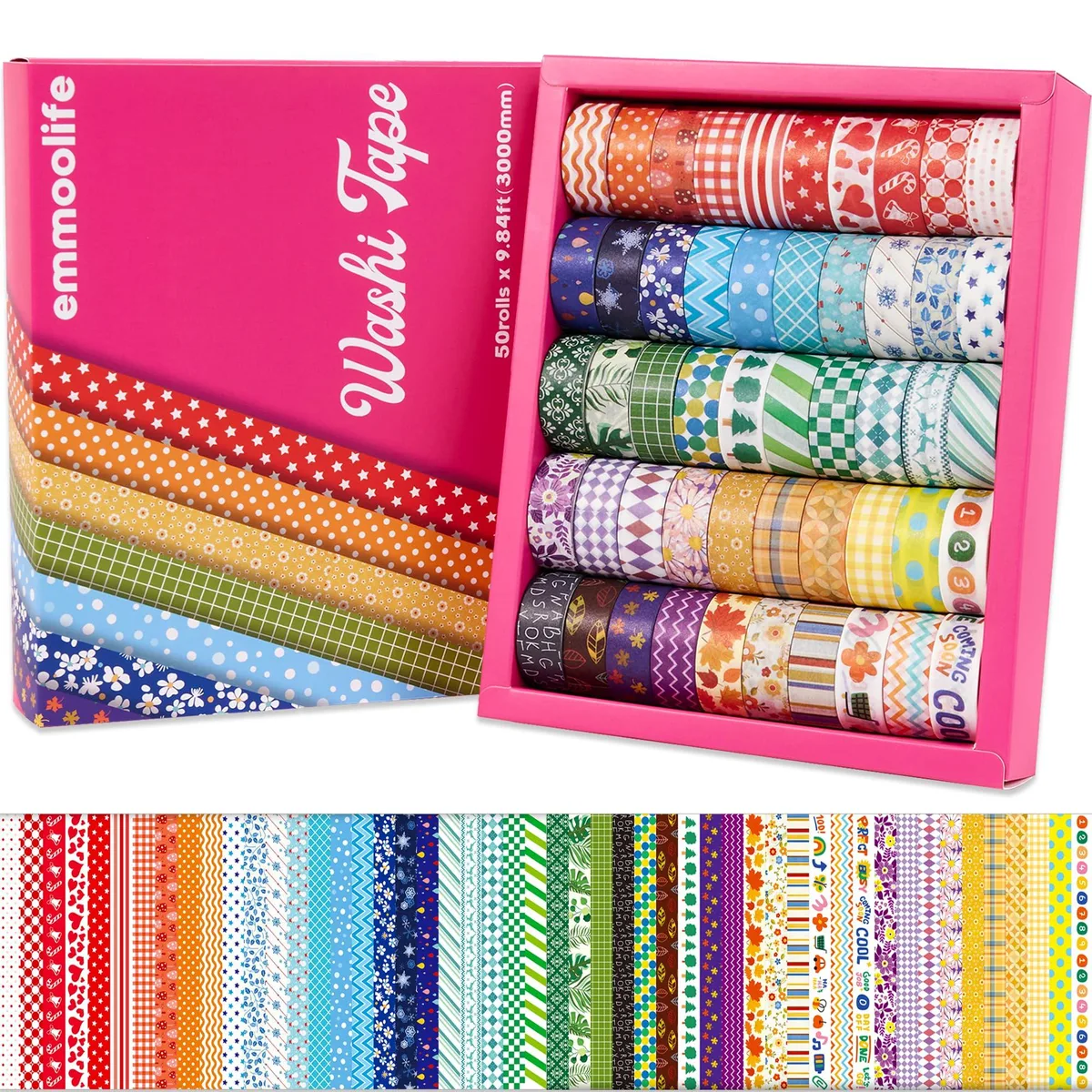Fifty rolls of 15mm wide washi tape in a vintage box, assorted floral and geometric patterns