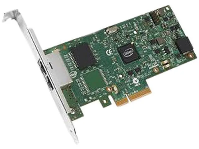 Intel I350T2V2BLK dual-port Ethernet adapter on green PCB with silver brackets