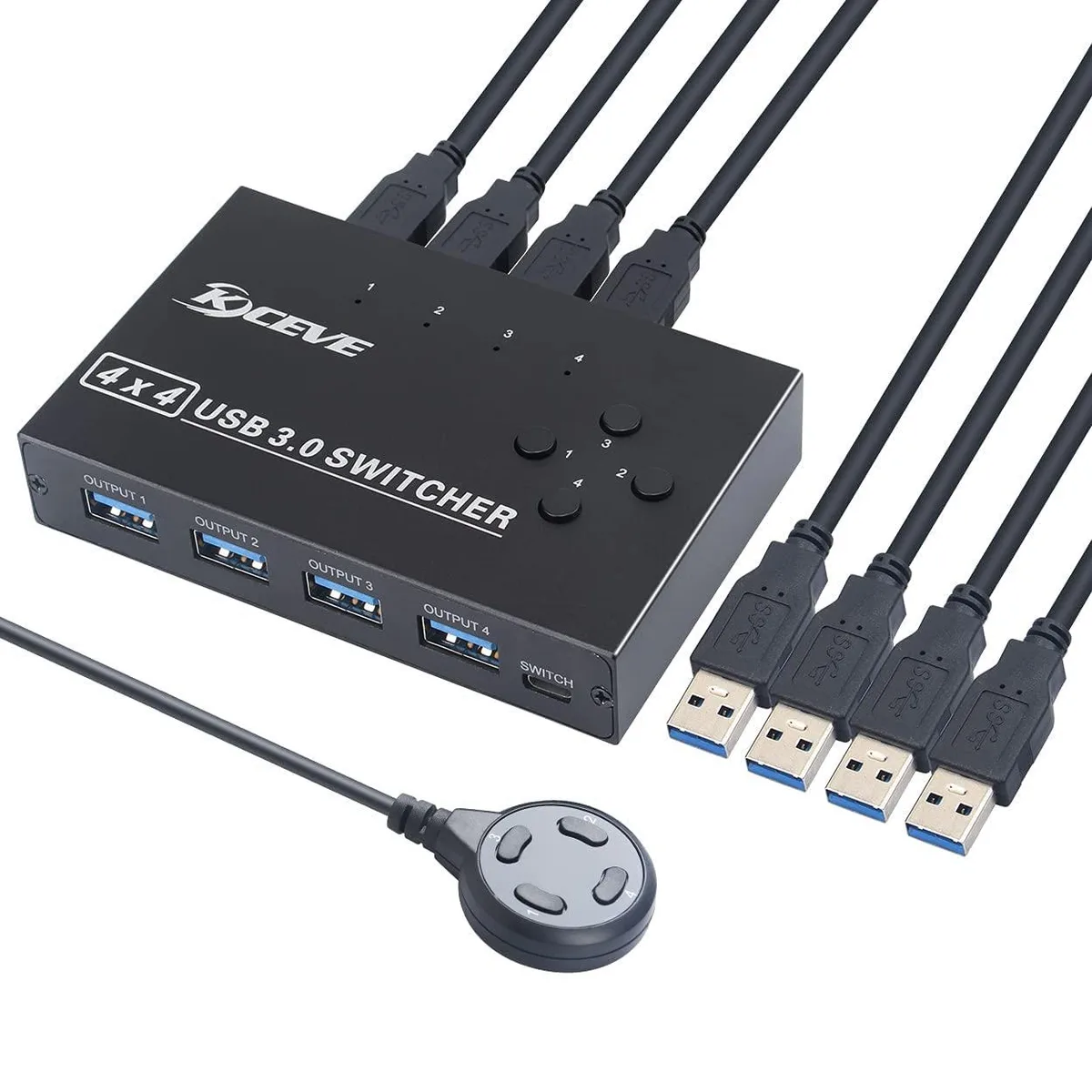 Black rectangular KVM switch with four blue LEDs and button, four USB cables attached