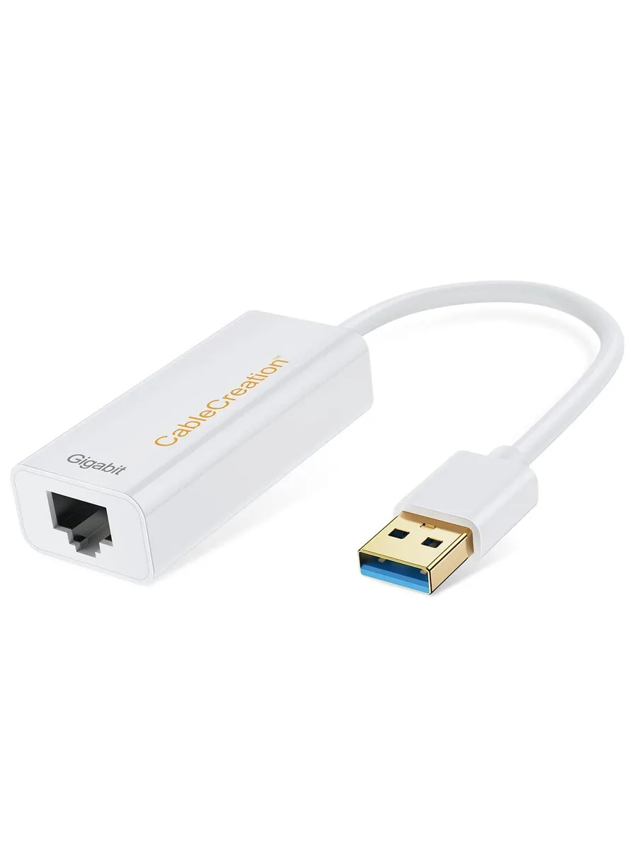 White USB 3.0 to RJ45 Gigabit Ethernet adapter with compact rectangular body