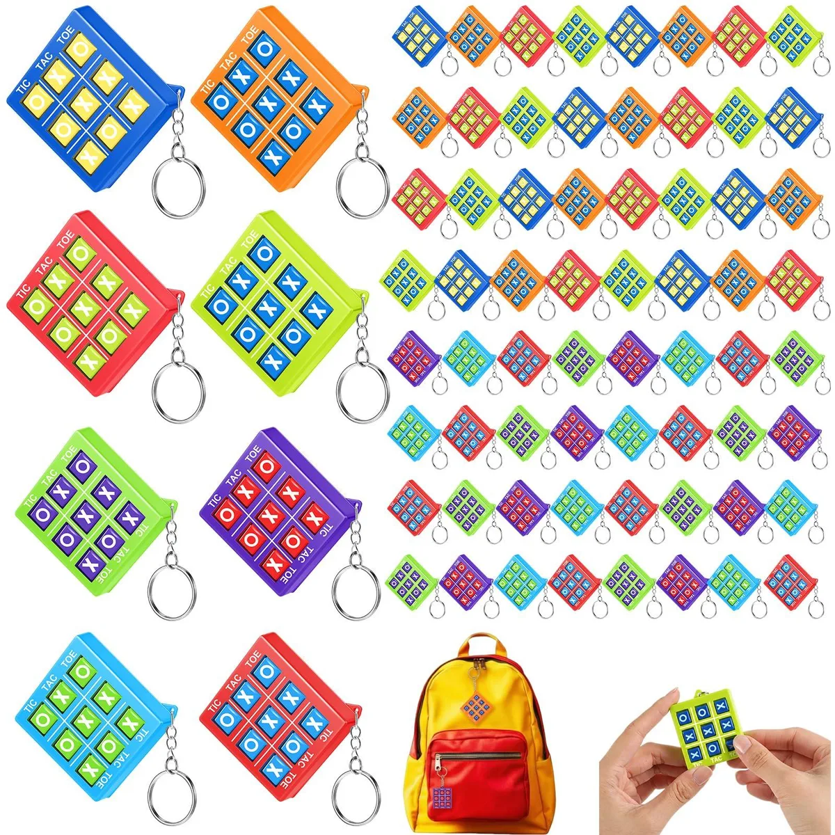 64 small plastic tic-tac-toe keychains in assorted styles on metal rings