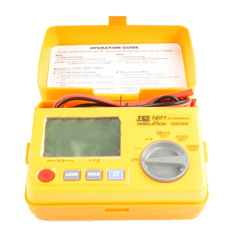 Red handheld insulation tester with digital display and probes