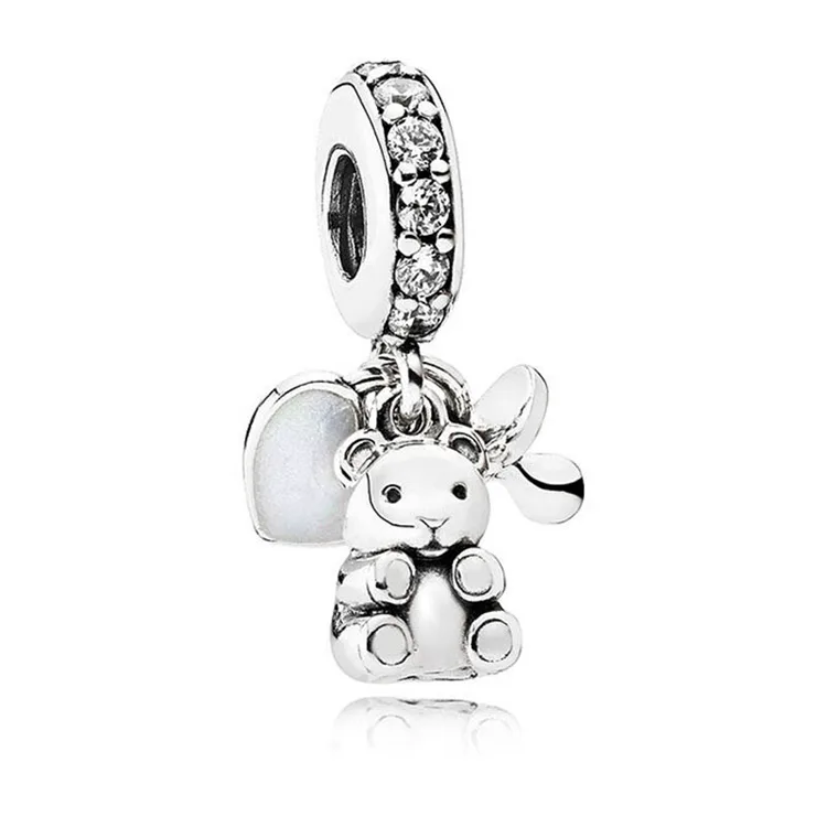 Sterling silver dangle charm with pacifier heart teddy bear enamel details