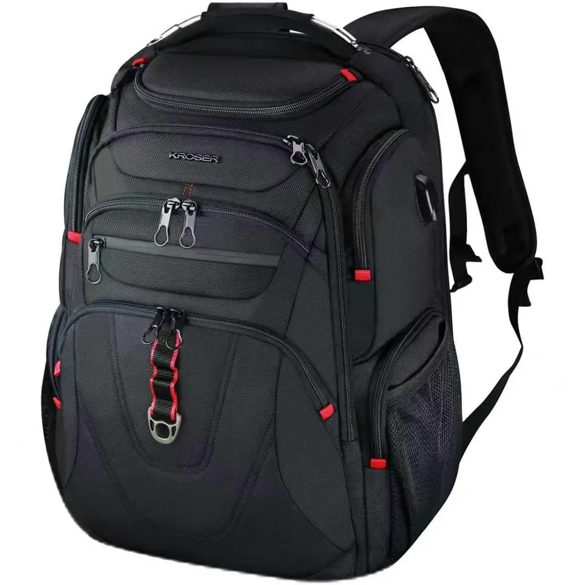 Black rectangular laptop backpack with water-repellent ballistic fabric, top hard-shell zone, side mesh pockets, and luggage strap